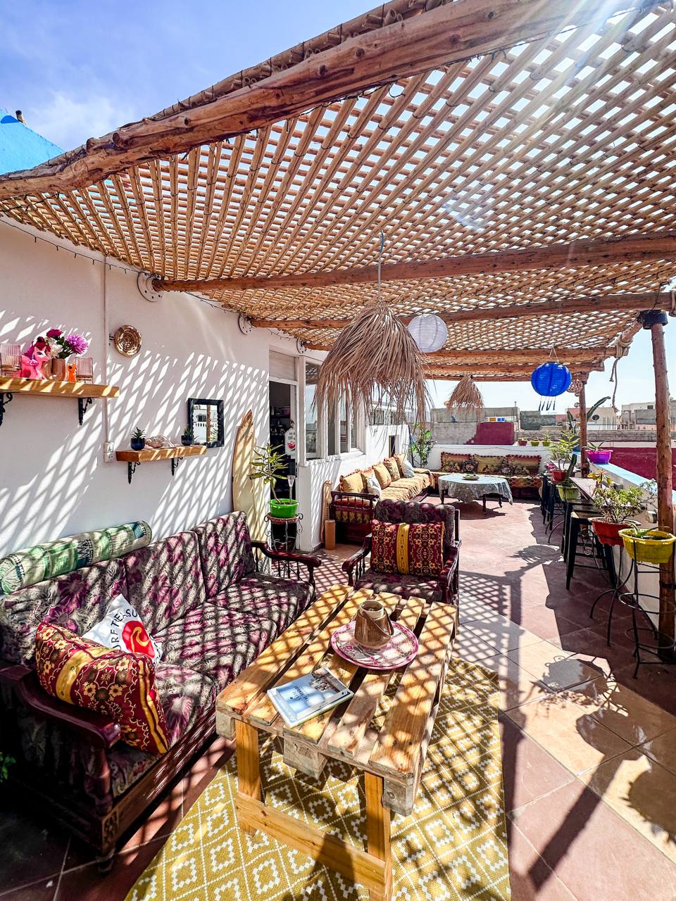 Surf camp lounge and dining area at Surf Treasure Morocco