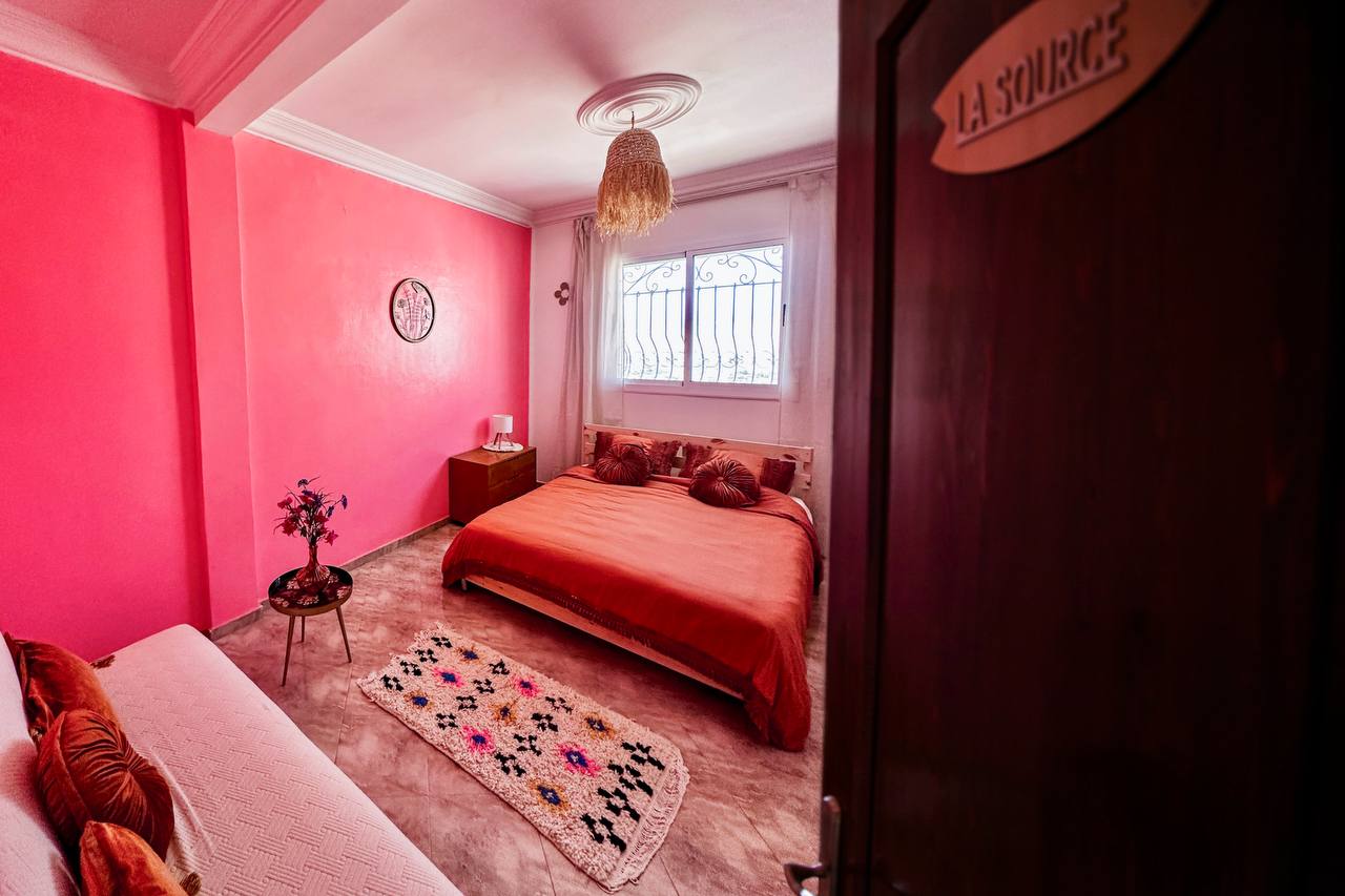 Cozy bedroom at our surf house in Aourir near Taghazout